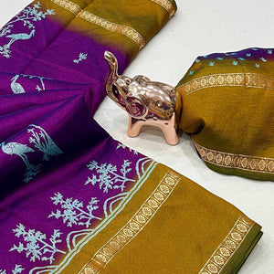 Silk Blend Saree in Purple with Abstract Print and Intricate Woven Border