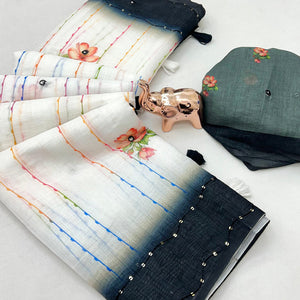 White and Grey Digital Printed Linen Cotton Saree with Refined Artistic Detailing