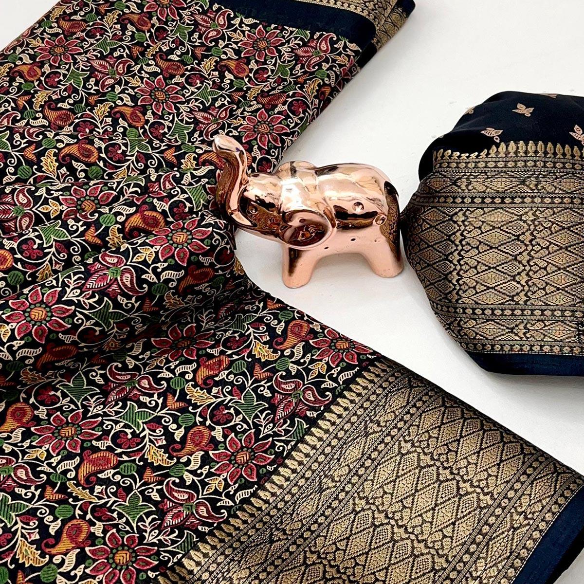 Black Kashmiri Floral Printed Dola Silk Saree With Kalamkari Pallu & Rich Zari Weaving Border