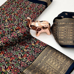 Black Kashmiri Floral Printed Dola Silk Saree With Kalamkari Pallu & Rich Zari Weaving Border