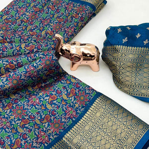 Blue Kashmiri Floral Printed Dola Silk Saree With Kalamkari Pallu & Rich Zari Weaving Border