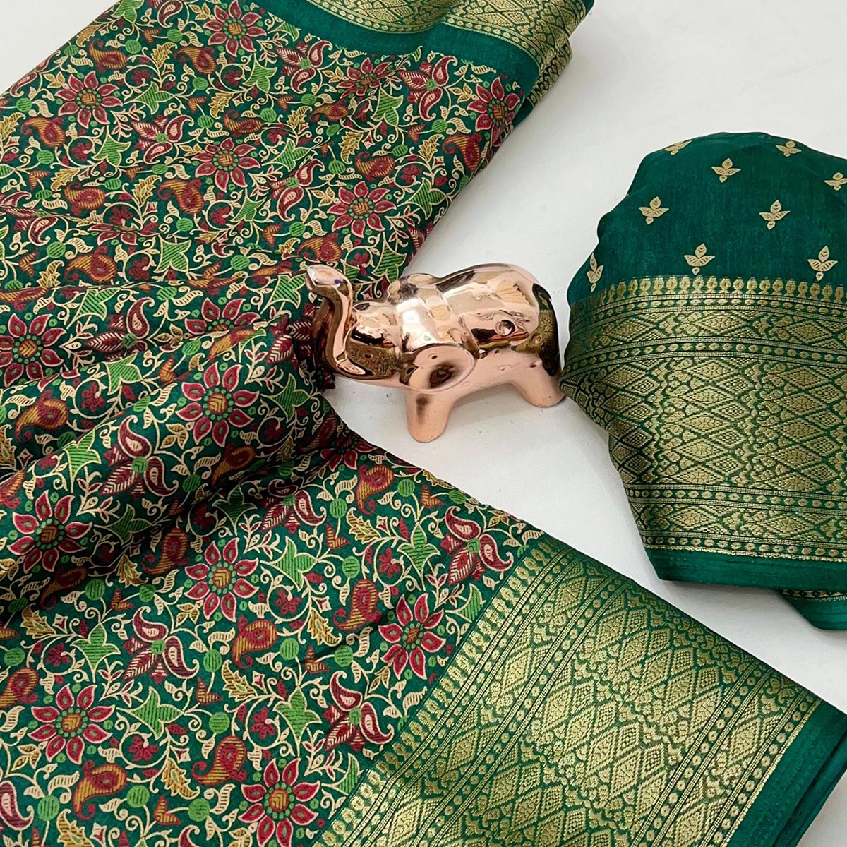 Green Kashmiri Floral Printed Dola Silk Saree With Kalamkari Pallu & Rich Zari Weaving Border