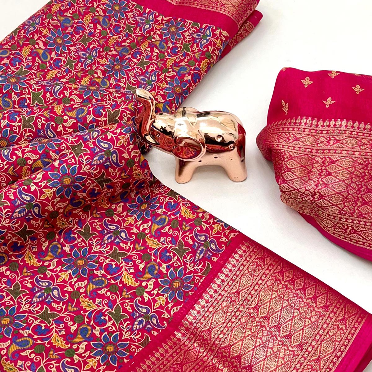 Rani Pink Kashmiri Floral Printed Dola Silk Saree With Kalamkari Pallu & Rich Zari Weaving Border