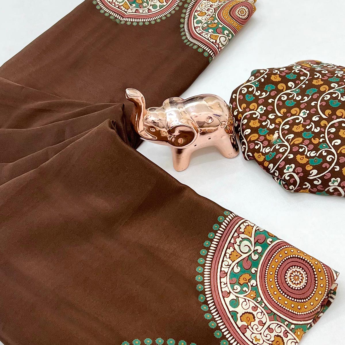 Elegant Brown Satin Saree with Ajrakh Inspired Floral Prints