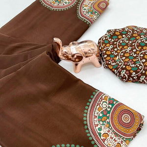Elegant Brown Satin Saree with Ajrakh Inspired Floral Prints