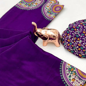 Elegant Purple Satin Saree with Ajrakh Inspired Floral Prints