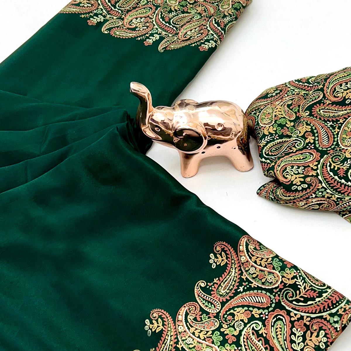 Classic Green Satin Saree Featuring Traditional Ajrakh Paisley Printed Pattern