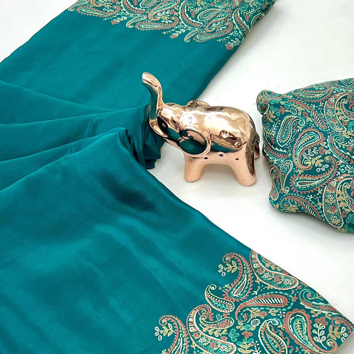 Classic Teal Satin Saree Featuring Traditional Ajrakh Paisley Printed Pattern