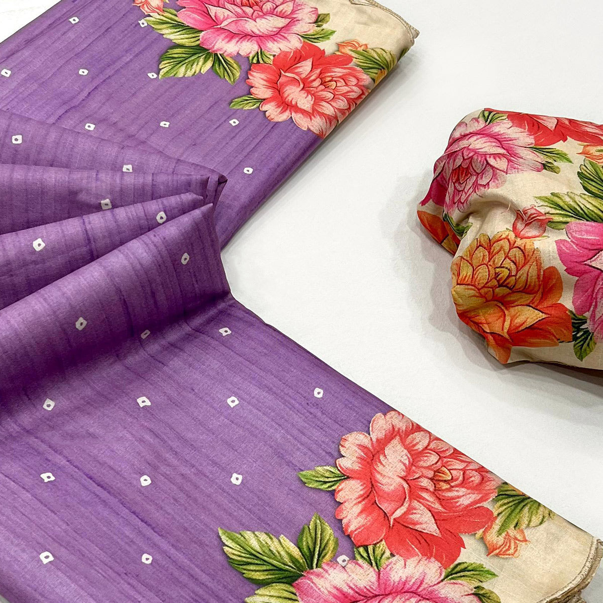 Lavender Floral Digital Printed Tussar Silk Saree