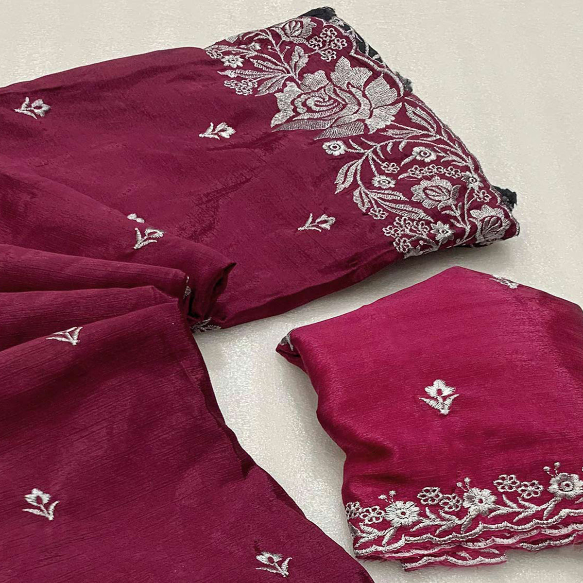 Wine Floral Zari Embroidered Chinon Silk Saree