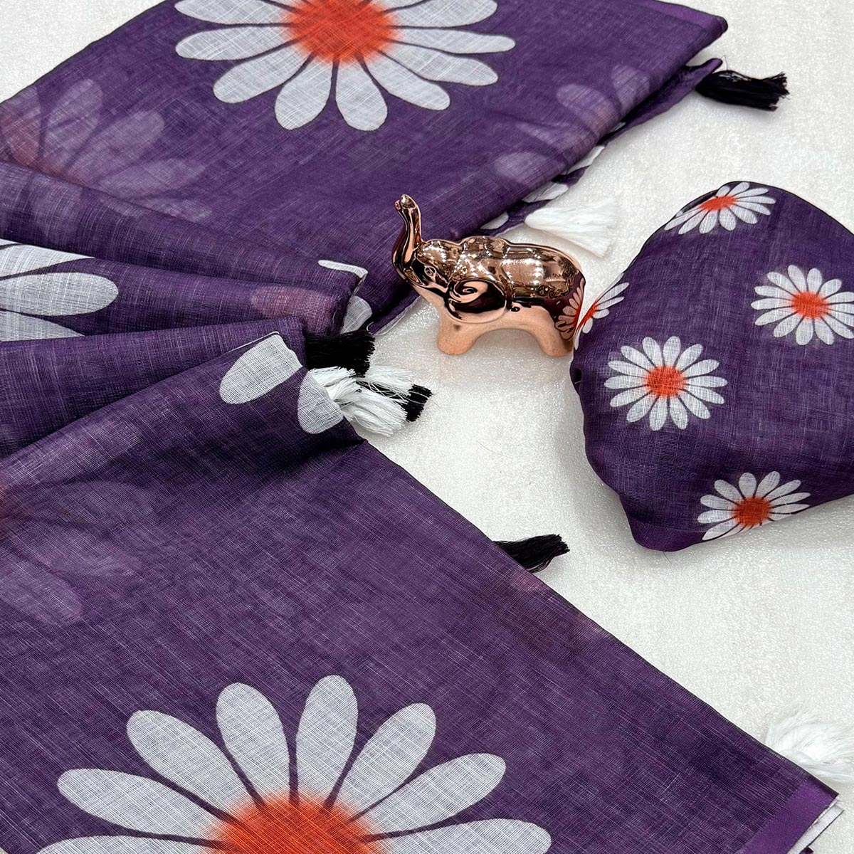 Sophisticated Purple Floral Digital Printed Linen Silk Saree With Tassel Pallu