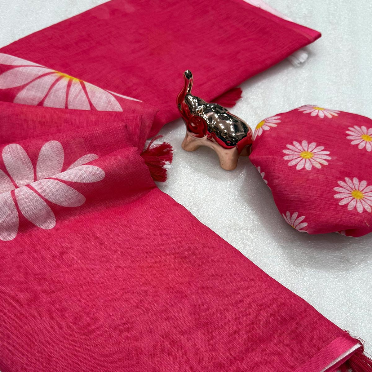 Sophisticated Rani Pink Floral Digital Printed Linen Silk Saree With Tassel Pallu