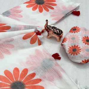 Sophisticated White Floral Digital Printed Linen Silk Saree With Tassel Pallu