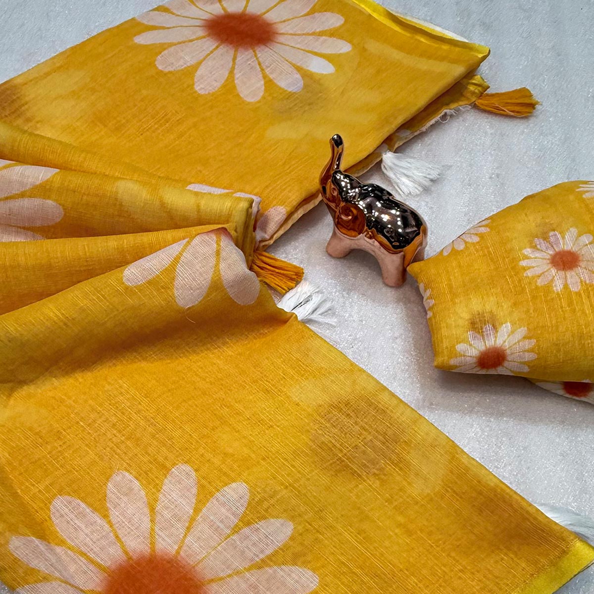 Sophisticated Yellow Floral Digital Printed Linen Silk Saree With Tassel Pallu