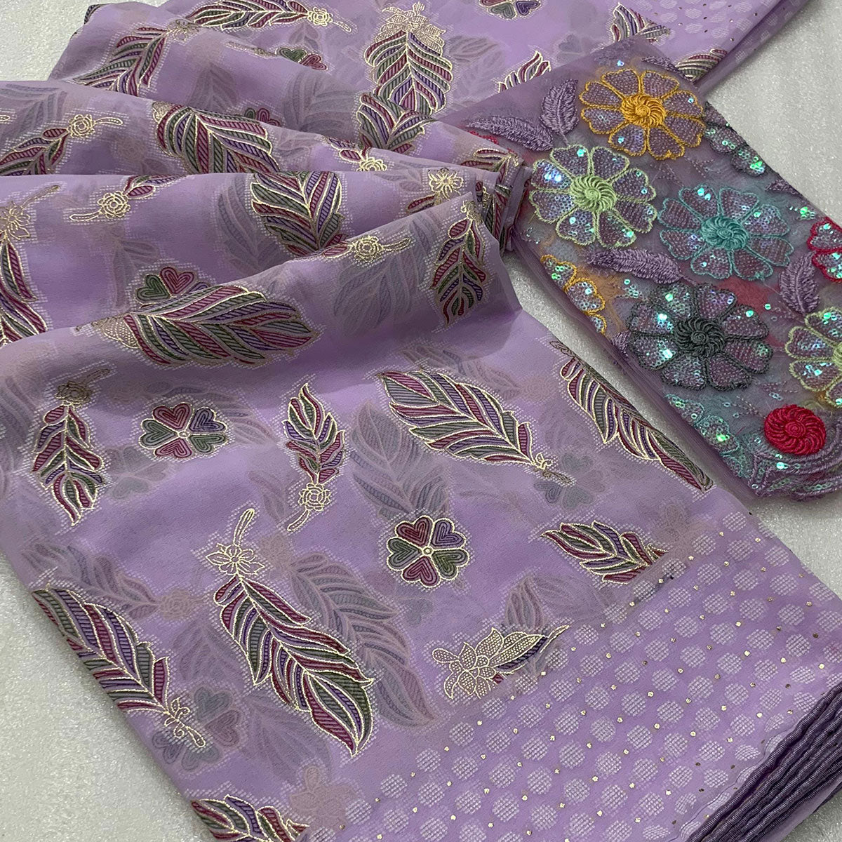 Lavender Floral Foil Printed Georgette Saree