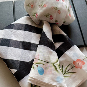 Stylish Black Digital Striped Printed Linen Saree With Delicate Floral Designs