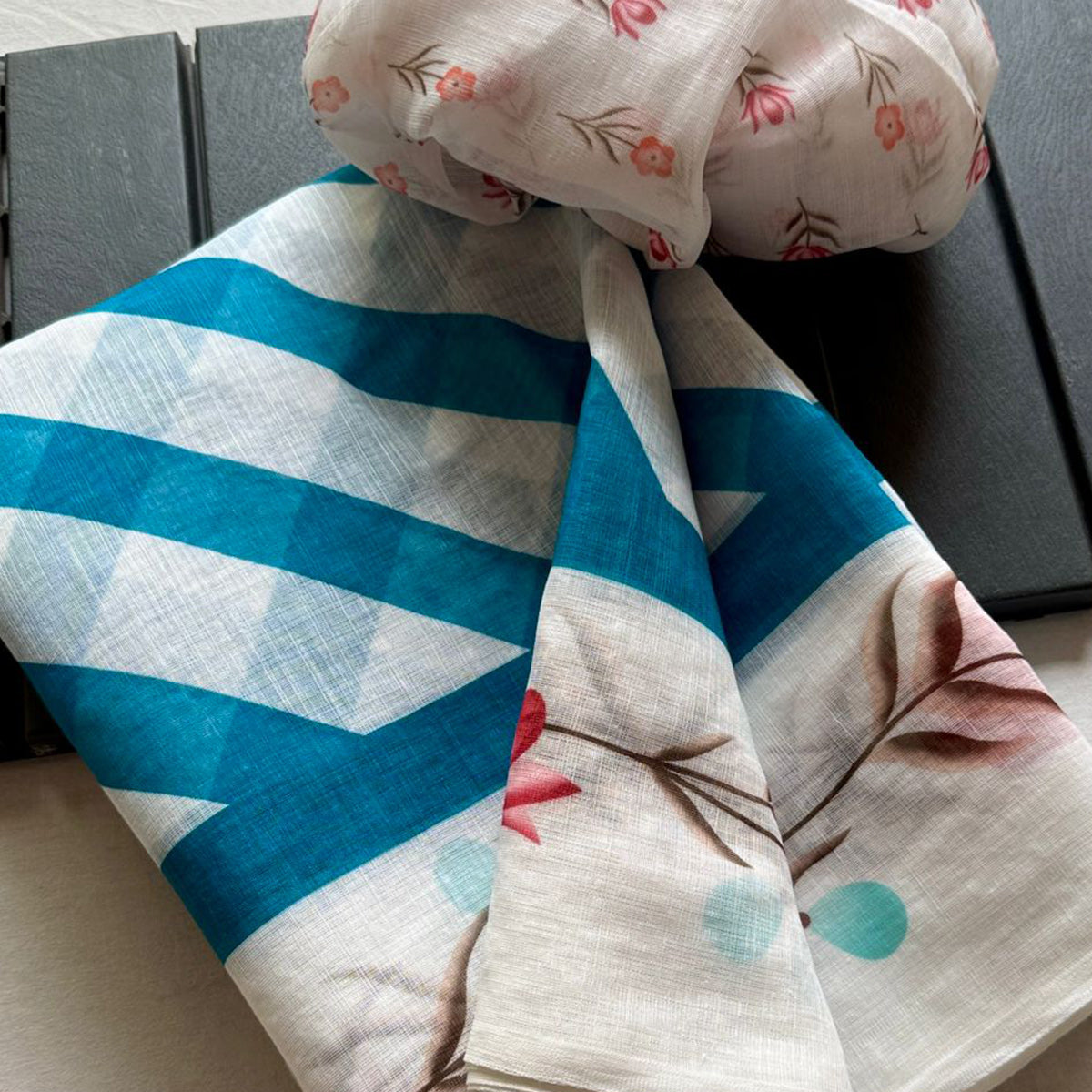 Stylish Teal Blue Digital Striped Printed Linen Saree With Delicate Floral Designs