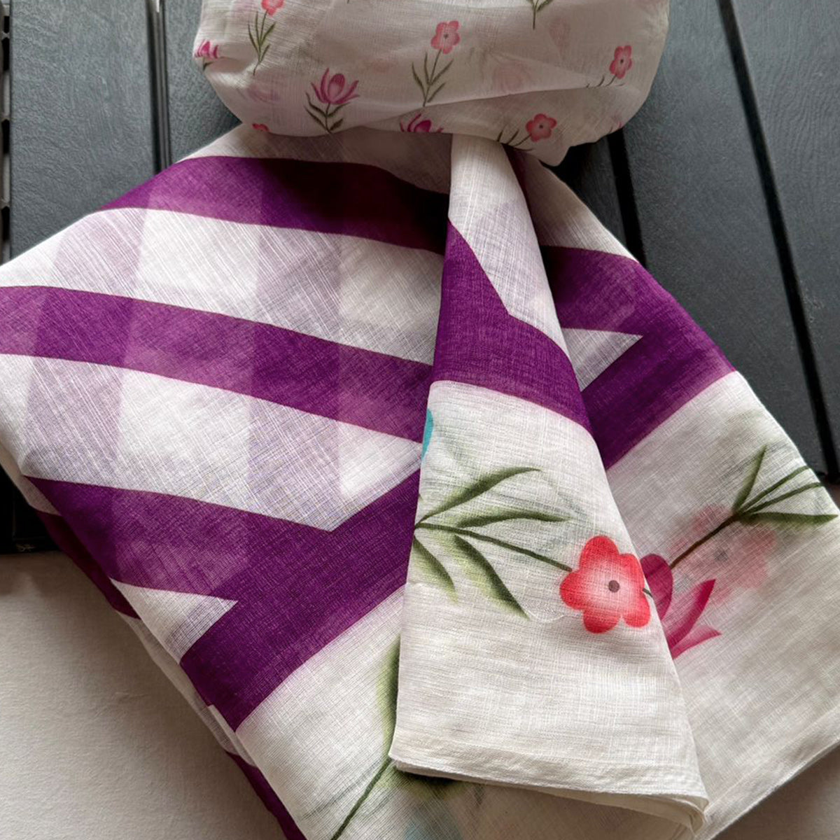 Stylish Wine Digital Striped Printed Linen Saree With Delicate Floral Designs