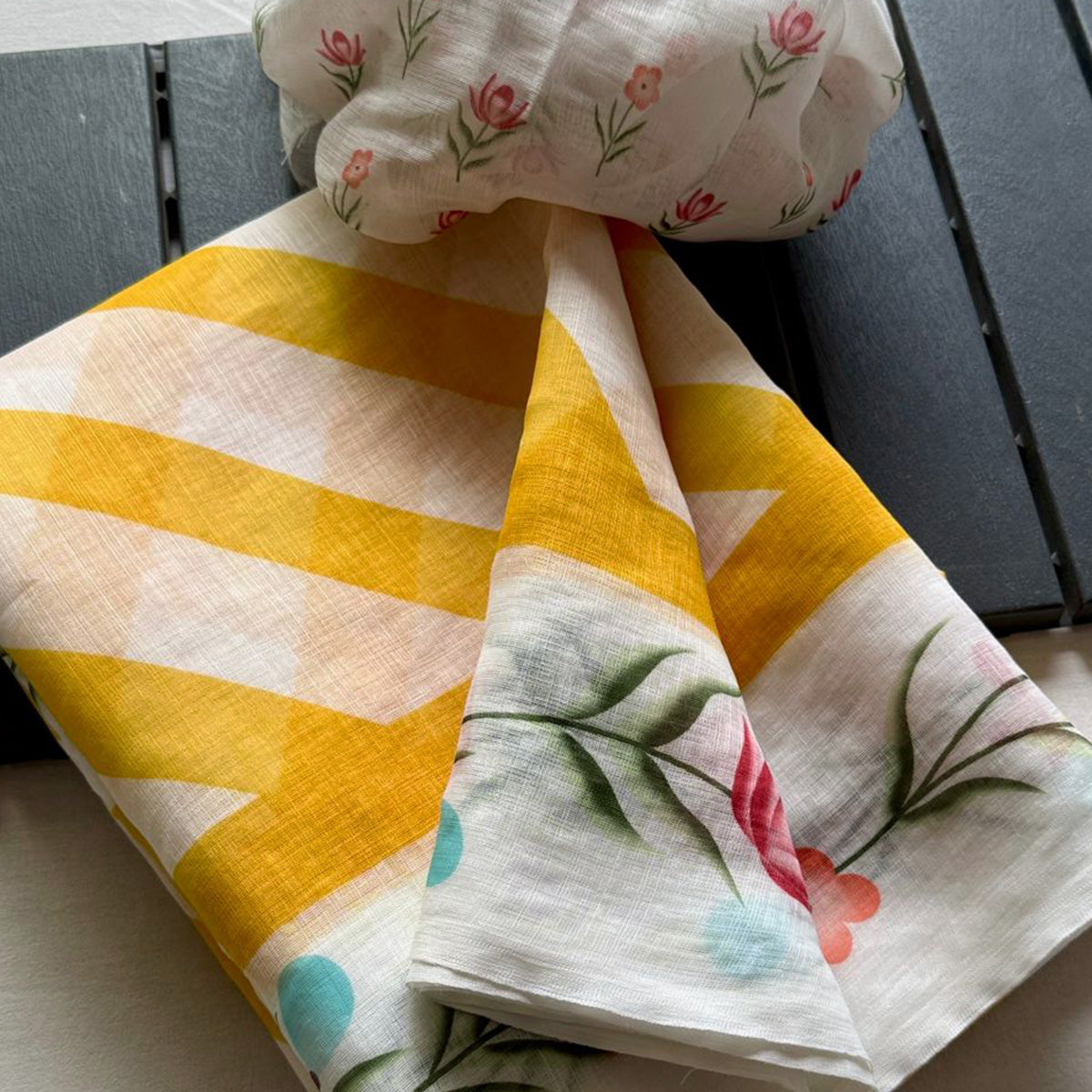 Stylish Yellow Digital Striped Printed Linen Saree With Delicate Floral Designs