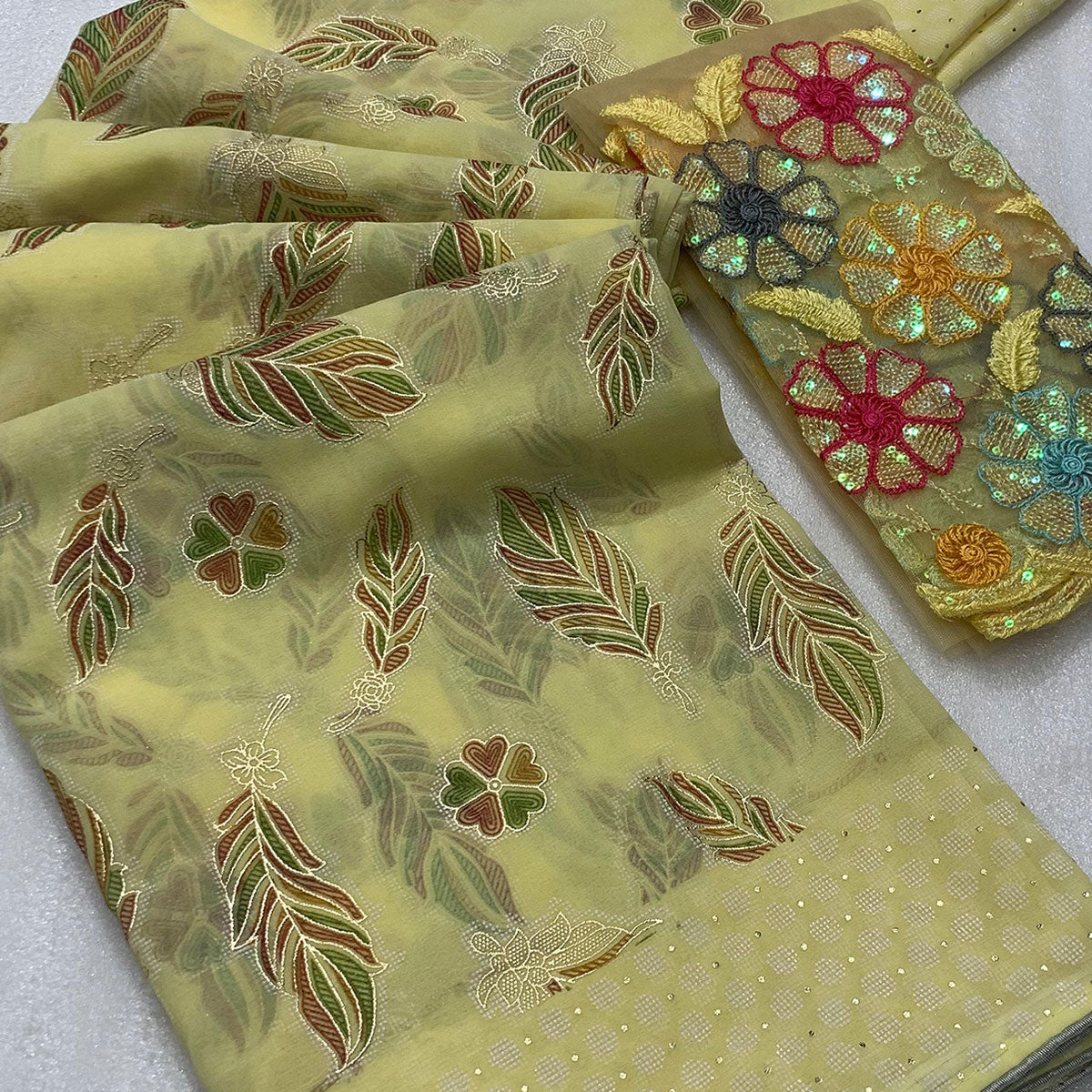 Light Yellow Floral Foil Printed Georgette Saree