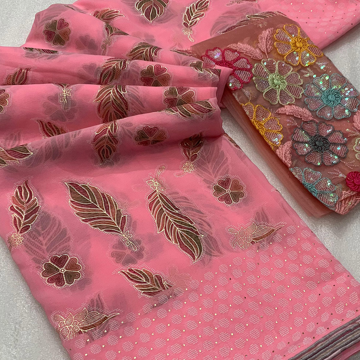 Pink Floral Foil Printed Georgette Saree