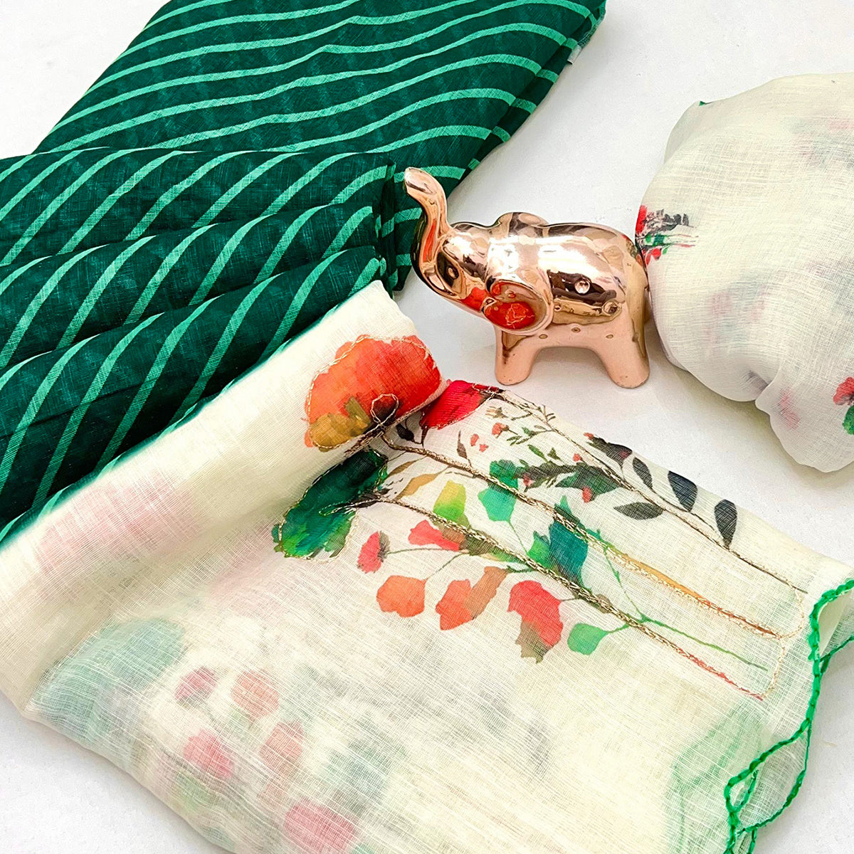 Sophisticated Green Floral & Striped Digital Printed Linen Saree With Artistic Cutwork Border