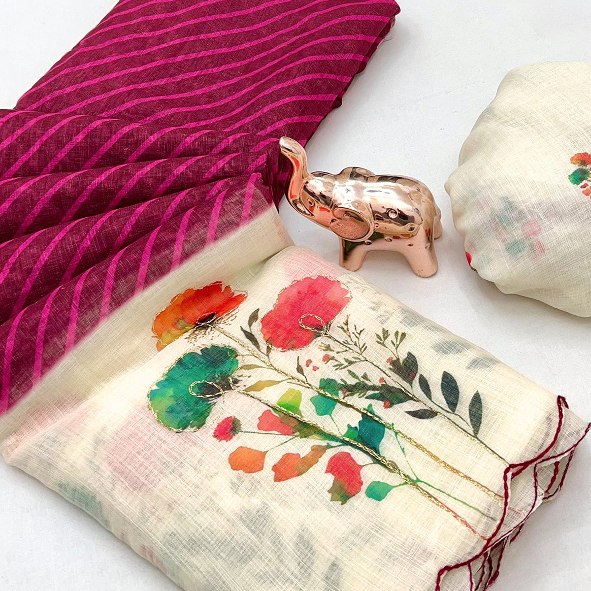 Sophisticated Maroon Floral & Striped Digital Printed Linen Saree With Artistic Cutwork Border