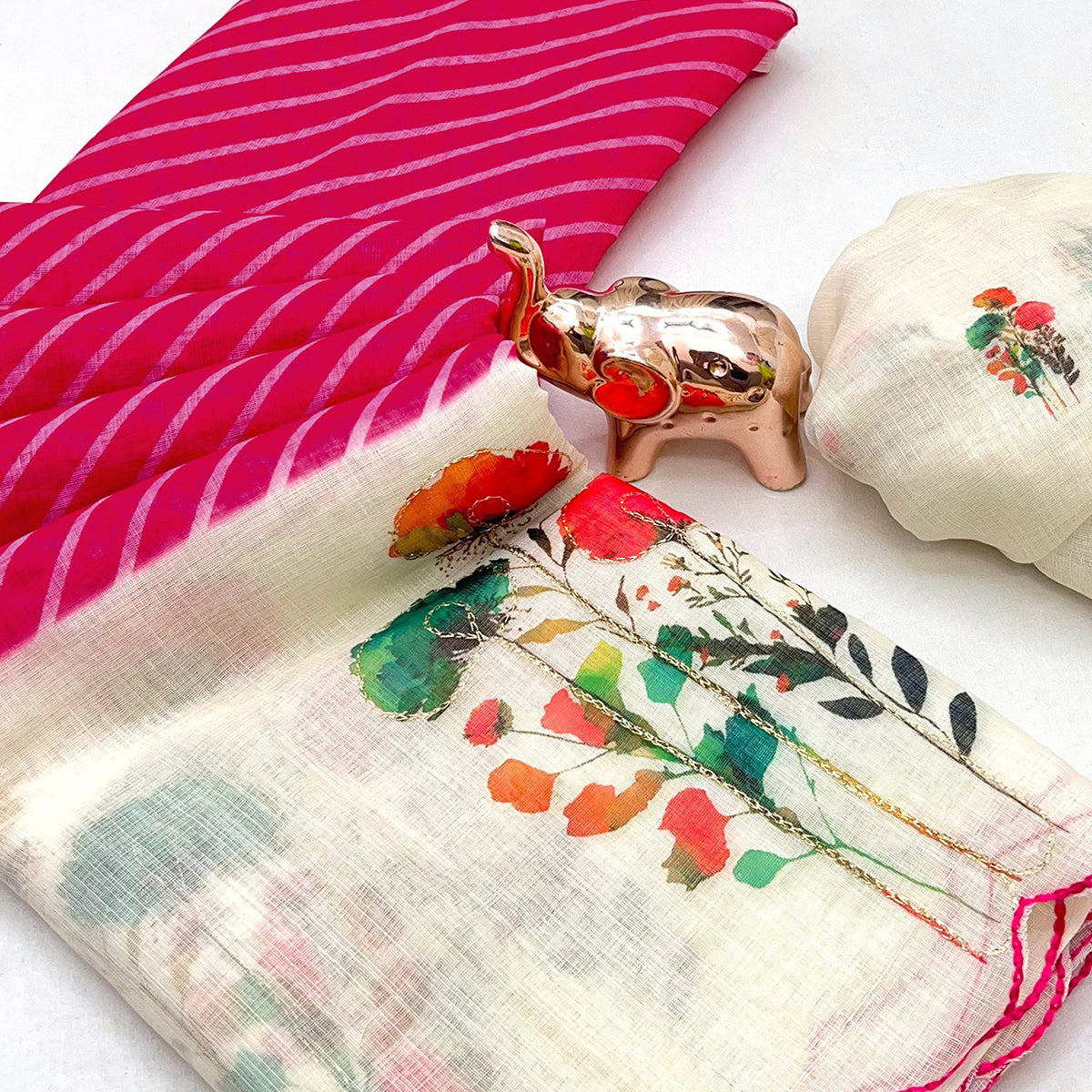 Sophisticated Pink Floral & Striped Digital Printed Linen Saree With Artistic Cutwork Border - Image 7