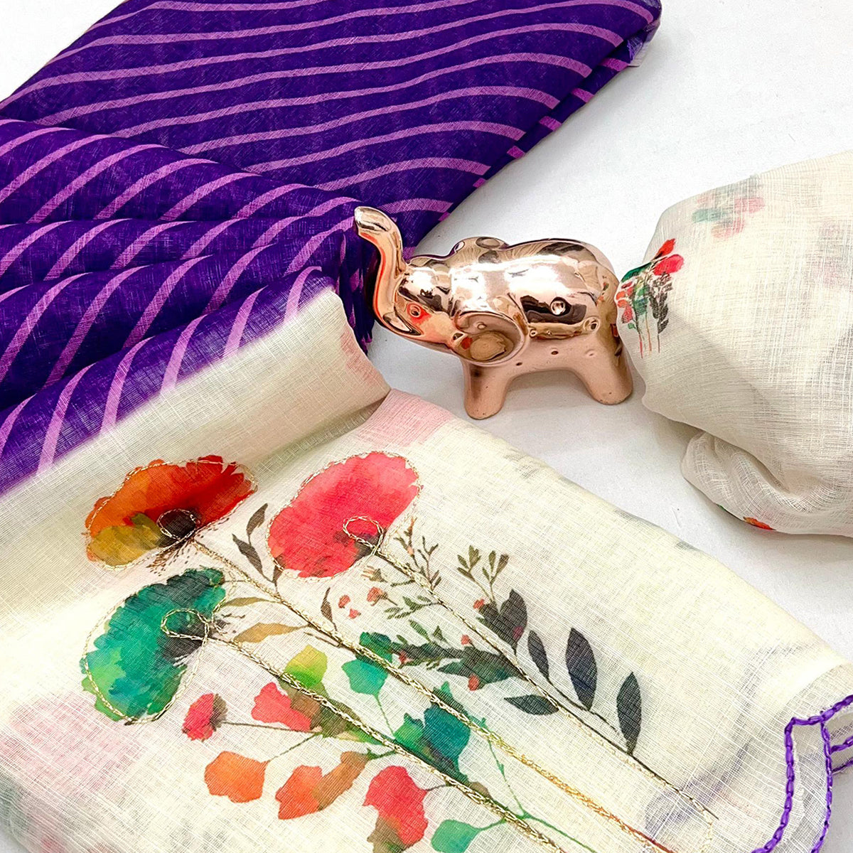 Sophisticated Purple Floral & Striped Digital Printed Linen Saree With Artistic Cutwork Border