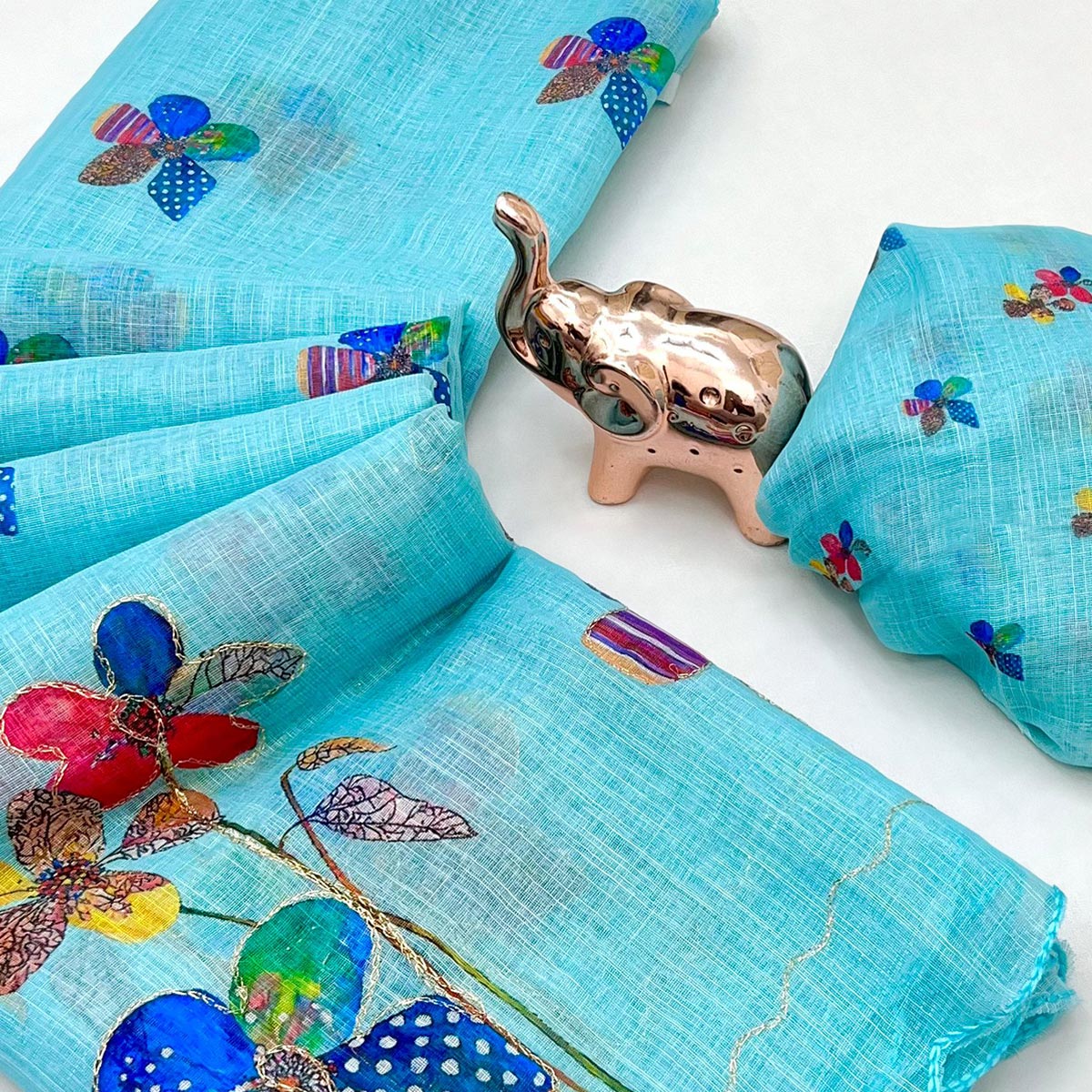 Blue Linen Saree Featuring Floral Digital Print With Zari Outline & Cutwork Border