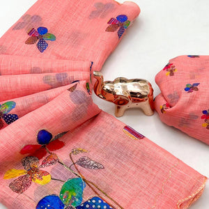 Coral Pink Linen Saree Featuring Floral Digital Print With Zari Outline & Cutwork Border
