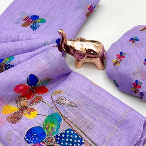 Lavender Linen Saree Featuring Floral Digital Print With Zari Outline & Cutwork Border