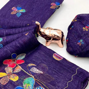 Purple Linen Saree Featuring Floral Digital Print With Zari Outline & Cutwork Border