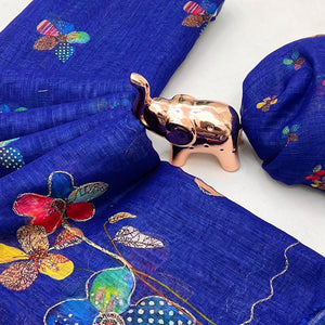 Royal Blue Linen Saree Featuring Floral Digital Print With Zari Outline & Cutwork Border