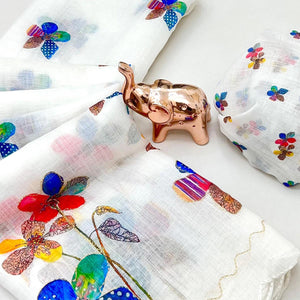 White Linen Saree Featuring Floral Digital Print With Zari Outline & Cutwork Border