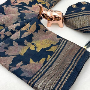 Blue Floral Foil Printed Georgette Saree With Tassels