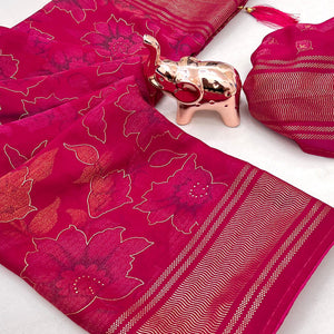 Pink Floral Foil Printed Georgette Saree With Tassels