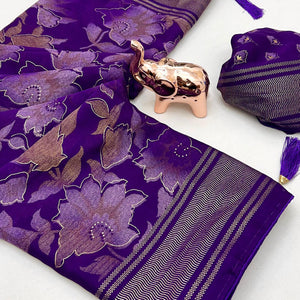 Violet Floral Foil Printed Georgette Saree With Tassels