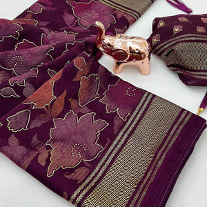 Wine Floral Foil Printed Georgette Saree With Tassels