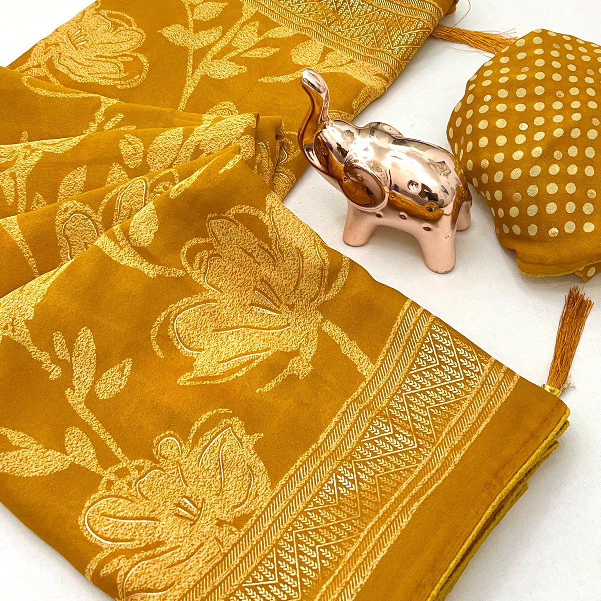 Mustard Toned Georgette Saree With Intricate Mill Print & Gleaming Floral Foil Embellishments