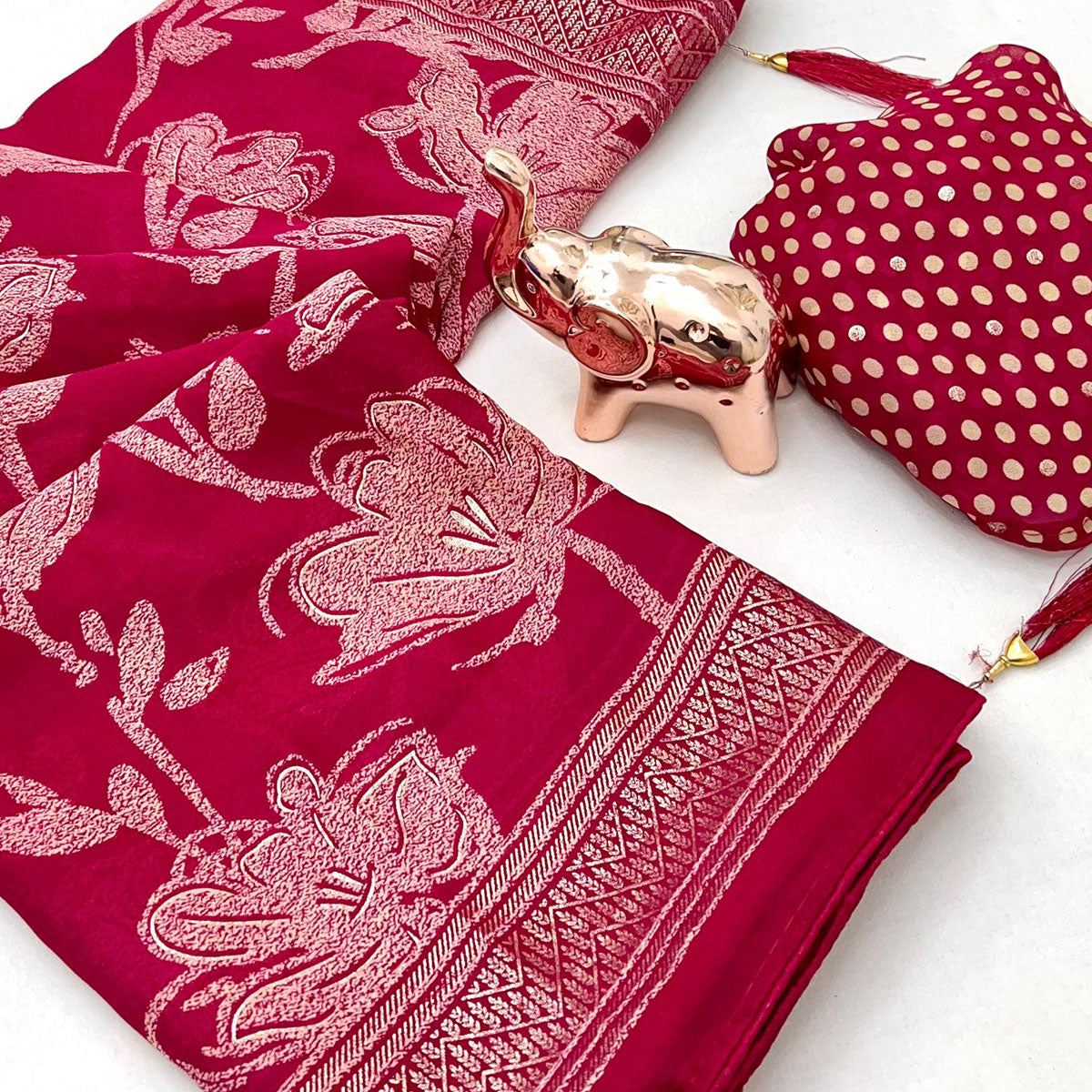 Pink Toned Georgette Saree With Intricate Mill Print & Gleaming Floral Foil Embellishments