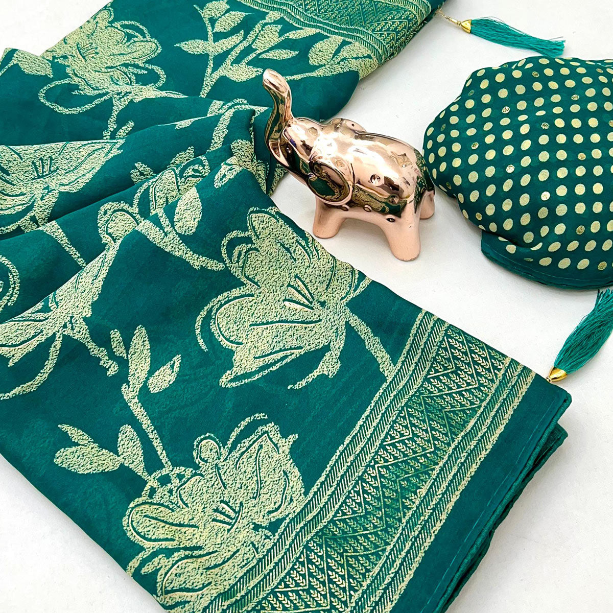 Teal Toned Georgette Saree With Intricate Mill Print & Gleaming Floral Foil Embellishments