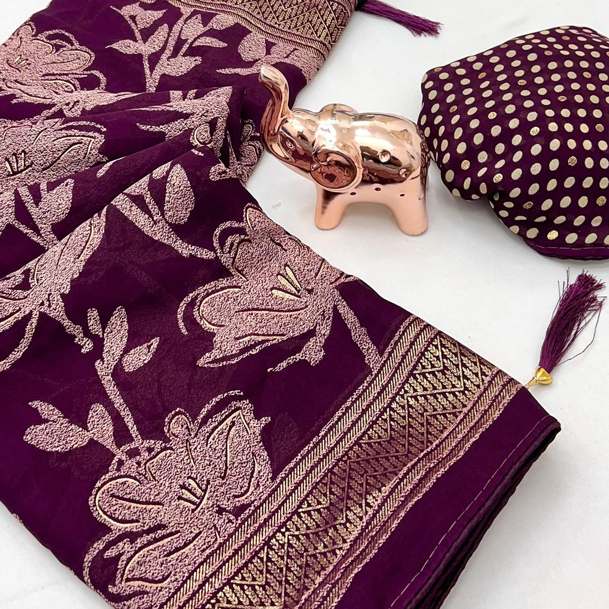 Wine Toned Georgette Saree With Intricate Mill Print & Gleaming Floral Foil Embellishments