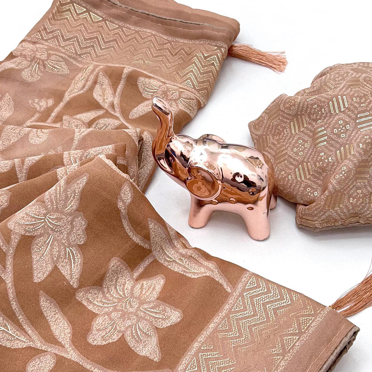 Timeless Dusty Brown Georgette Drape Adorned with All-over Floral Foil and Mill Print Detailing