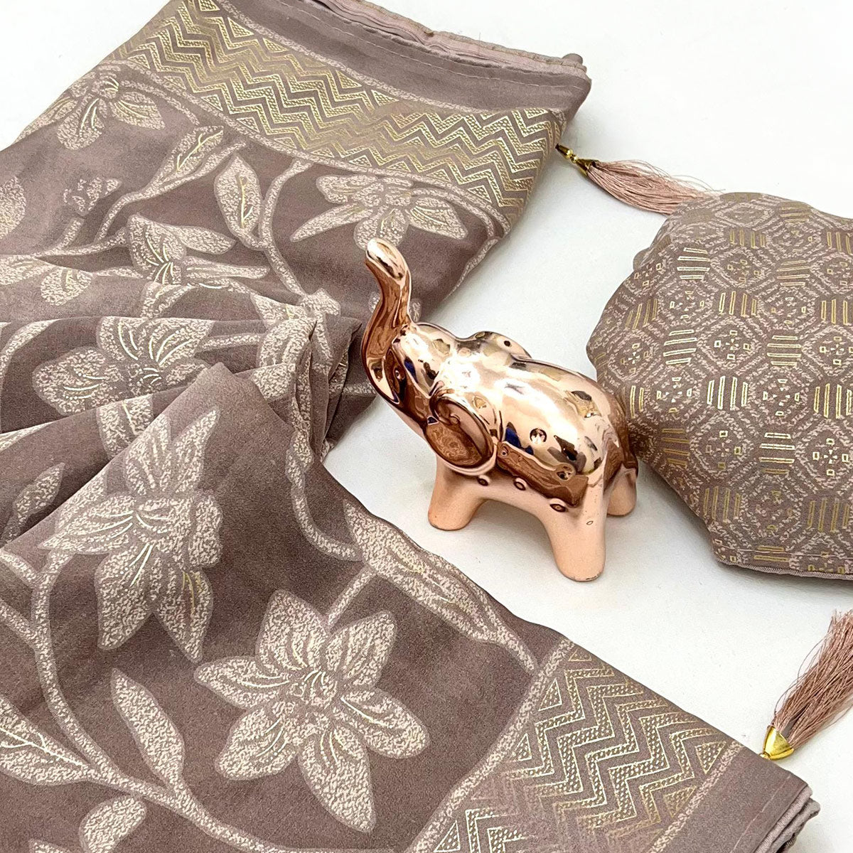 Timeless Grey Georgette Drape Adorned with All-over Floral Foil and Mill Print Detailing
