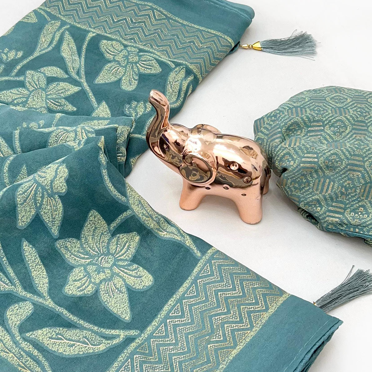 Timeless Teal Georgette Drape Adorned with All-over Floral Foil and Mill Print Detailing