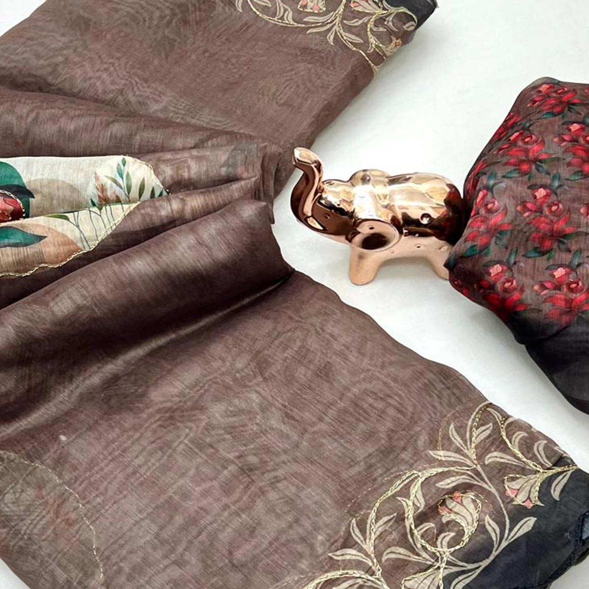 Brown Floral Printed Chanderi Cotton Saree with Decorative Embroidery Borders