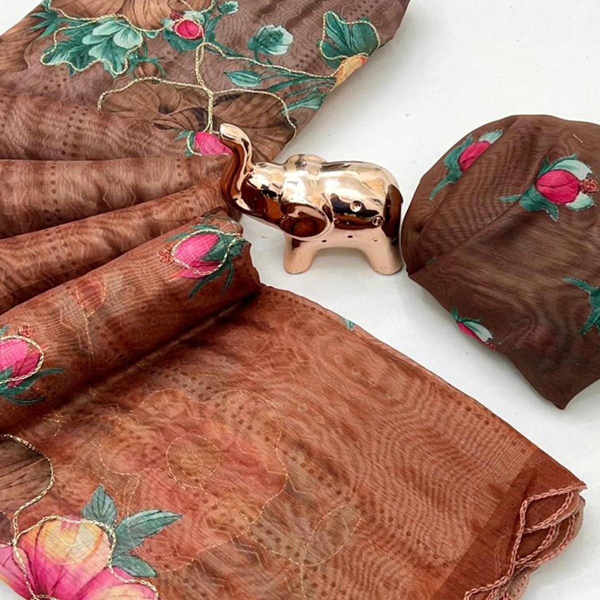 Brown Chanderi Cotton Saree Adorned with Floral Prints and Fine Embroidery for Traditional Look