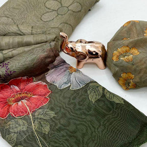 Green Floral Printed Chanderi Cotton Embroidered Saree Perfect for Festive