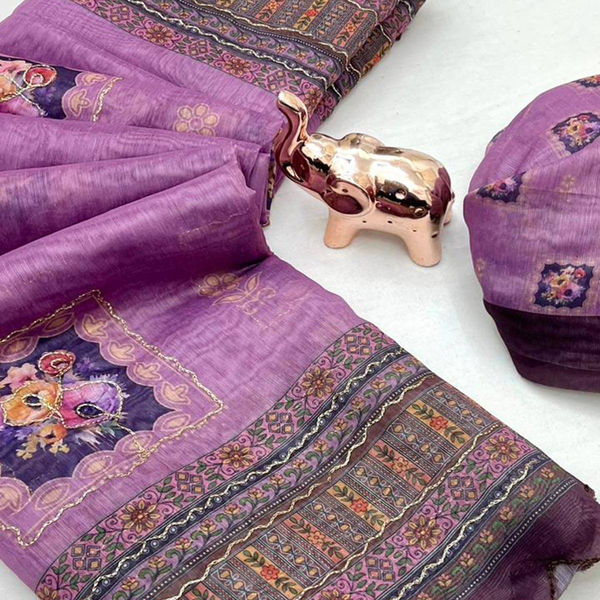 Purple Floral Printed Chanderi Cotton Embroidered Saree Perfect for Festive